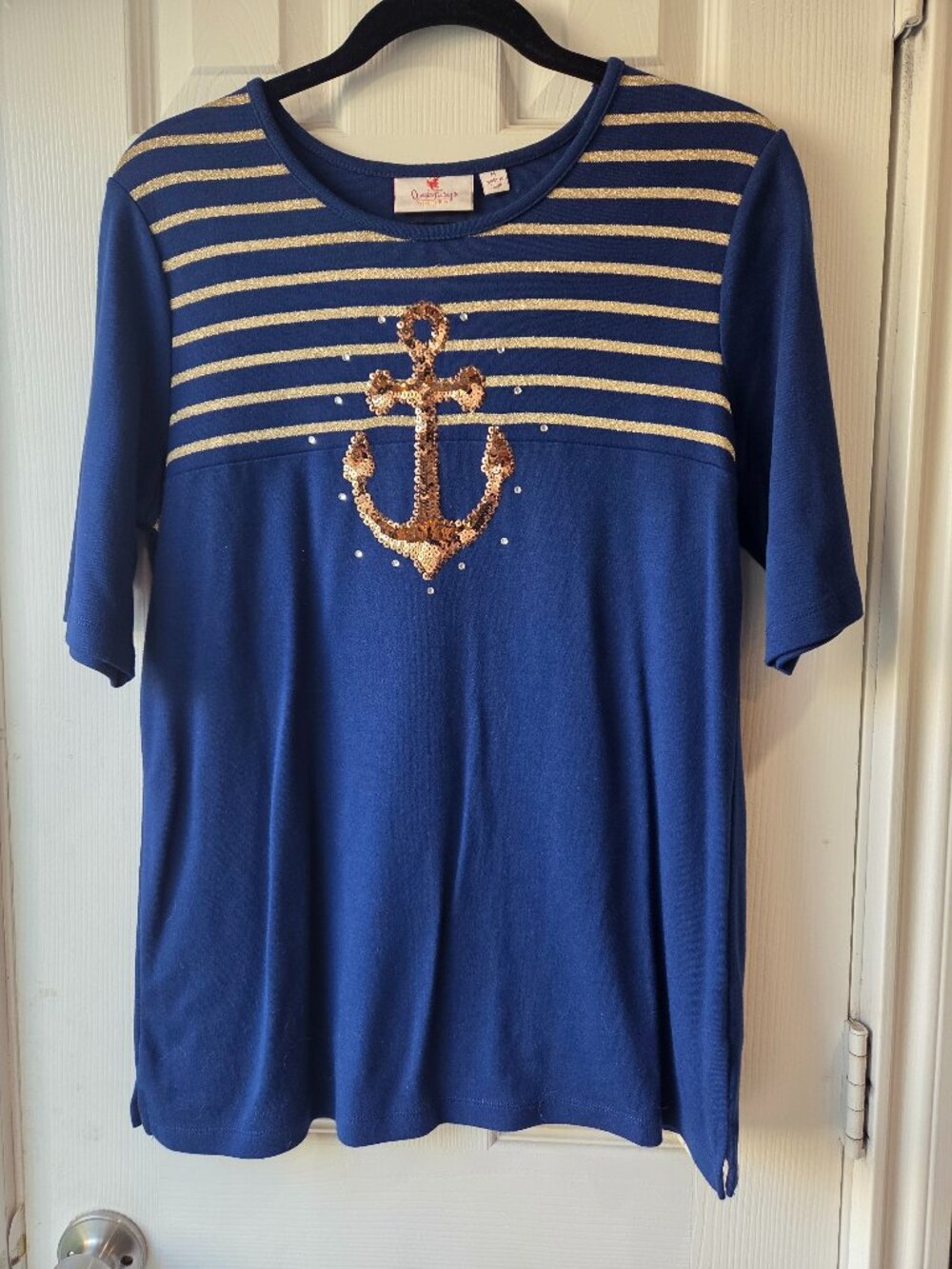 Quacker Factory Embroidered Navy Sequin Anchor T-shirt Size Medium